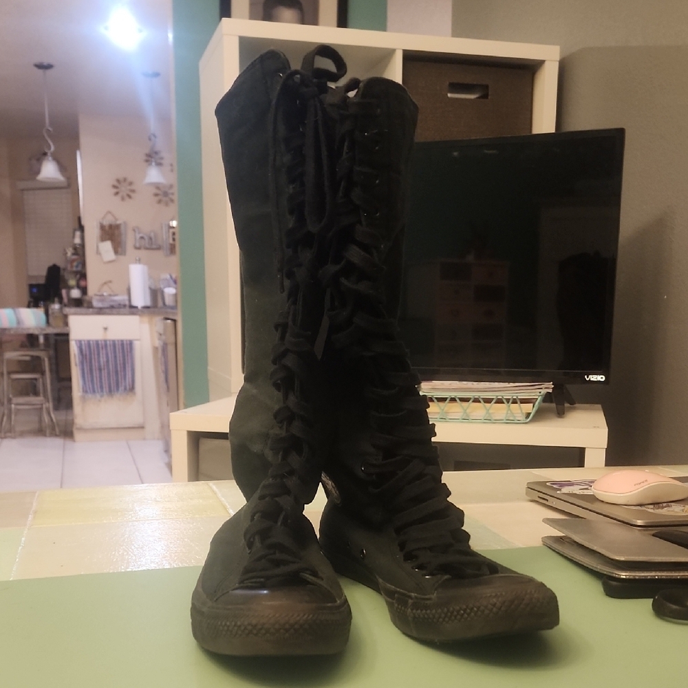 Women's Black Lace-Up/ zipper In Back, Knee Hi Converse / Chucks